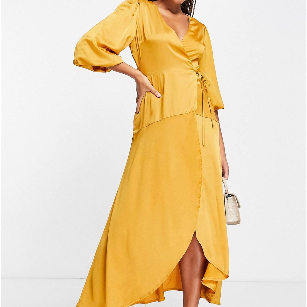 ASOS FULL SLEEVE WRAP MIDI DRESS - GOLD